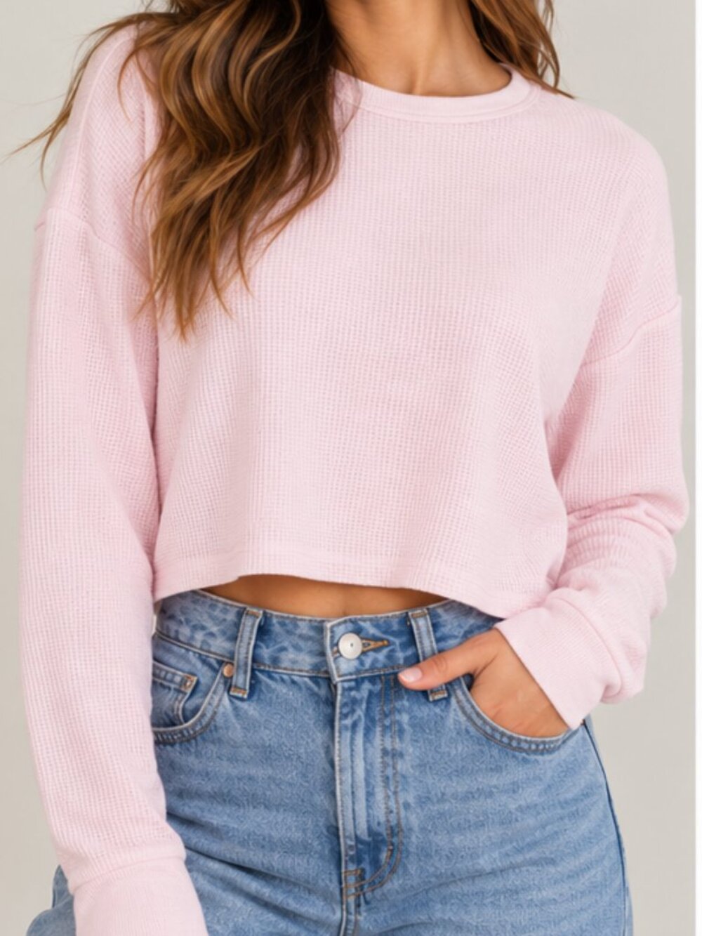 Sunday Best Aritzia Light Pink Waffle Knit Cropped Long Sleeve Top Size L